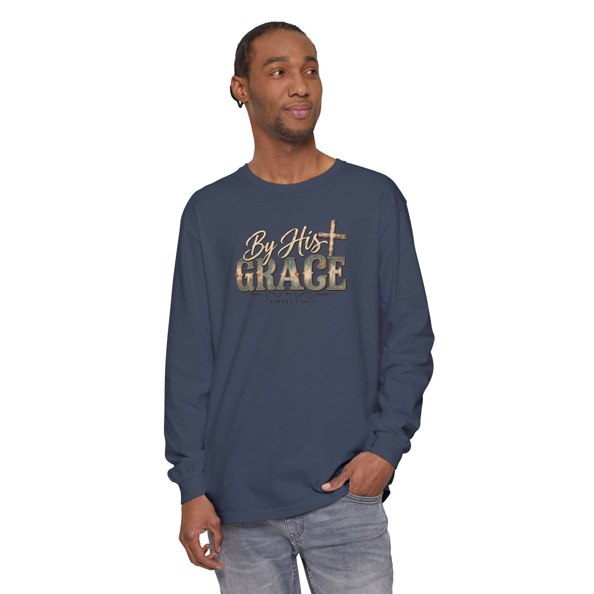 By His Grace Long Sleeve Shirt — Christian Faith Tee with Cross