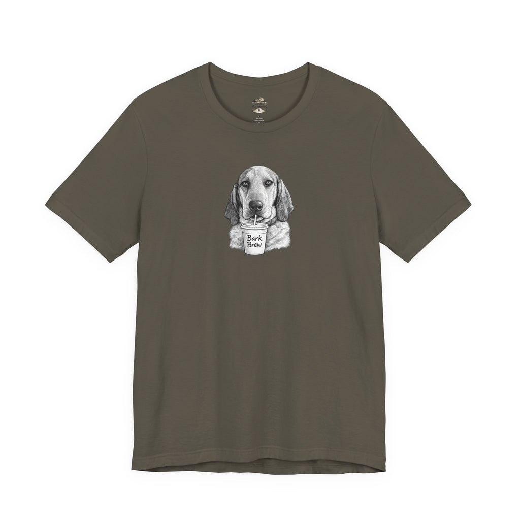 Dog Lover T‑Shirt —Hound Drinking 'Bark Brew' Graphic Tee