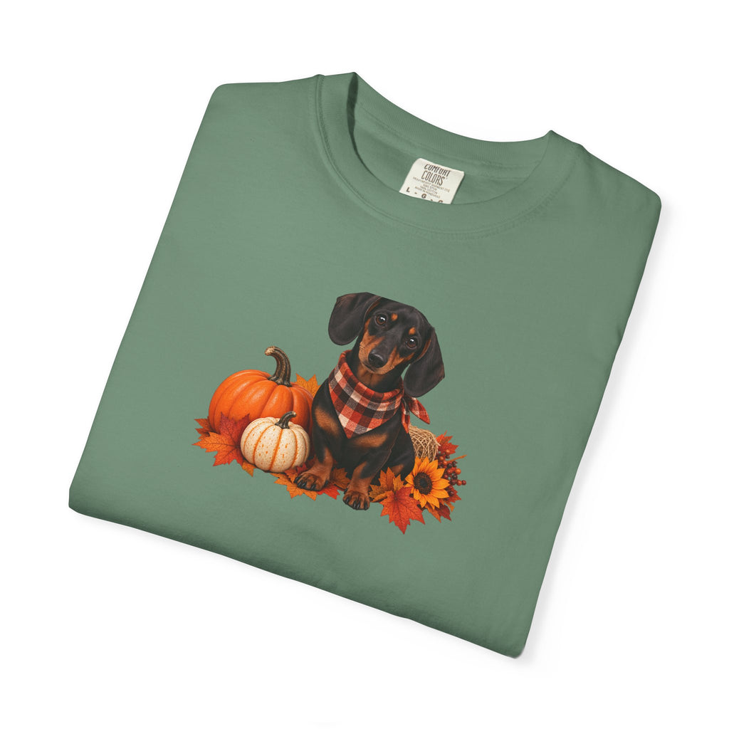 Dachshund Pumpkin Tee — Fall Dog Shirt with Pumpkins & Sunflower