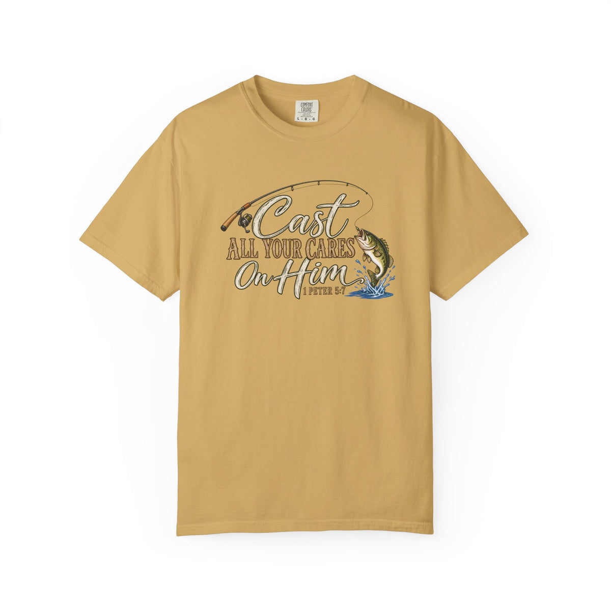 Fishing T-Shirt — “Cast All Your Cares On the Lord” Bass Graphic Tee