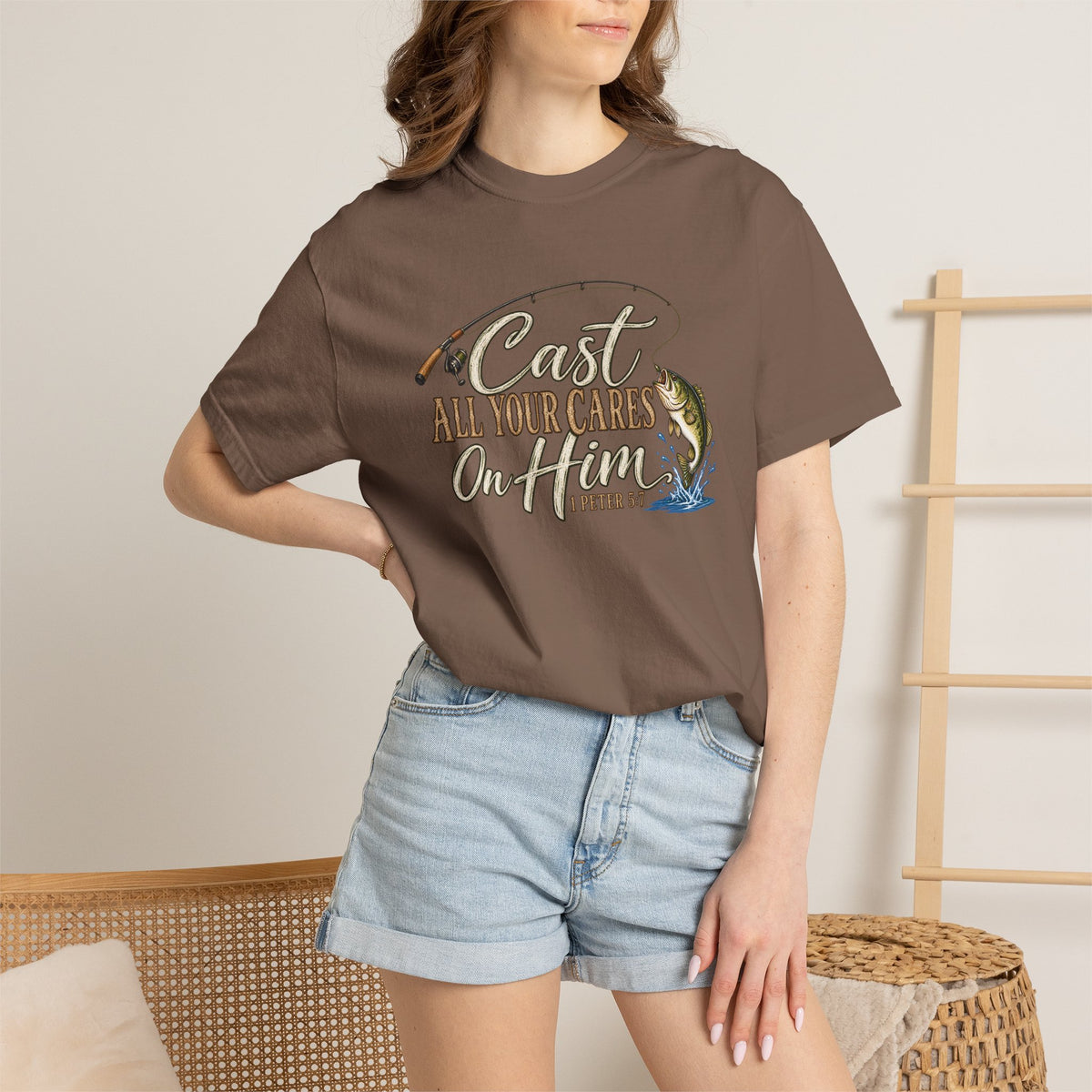 Fishing T-Shirt — “Cast All Your Cares On the Lord” Bass Graphic Tee