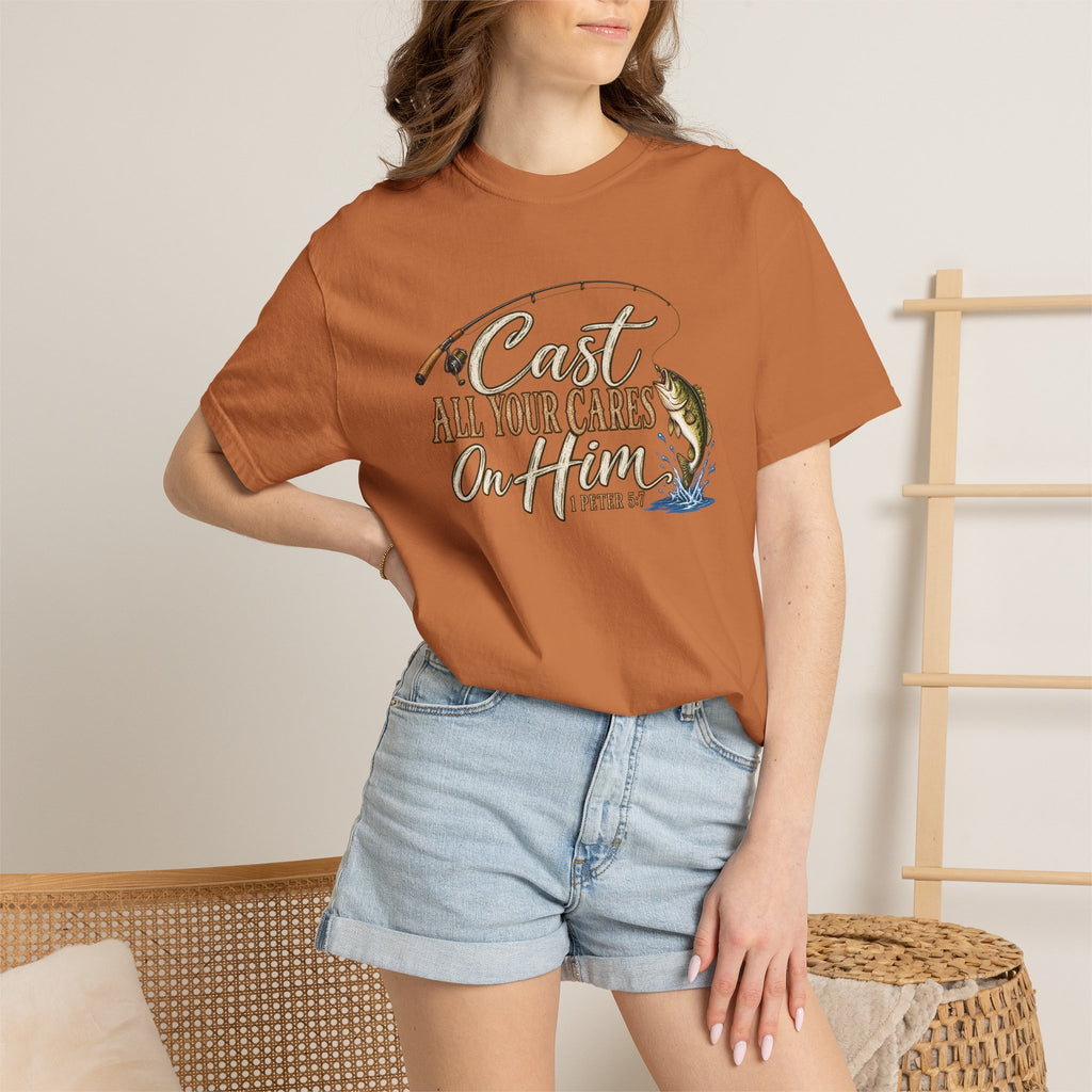 Fishing T-Shirt — “Cast All Your Cares On the Lord” Bass Graphic Tee