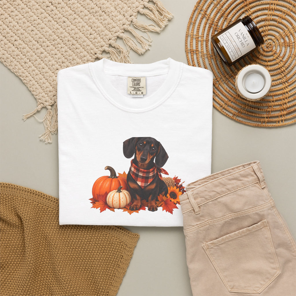 Dachshund Pumpkin Tee — Fall Dog Shirt with Pumpkins & Sunflower