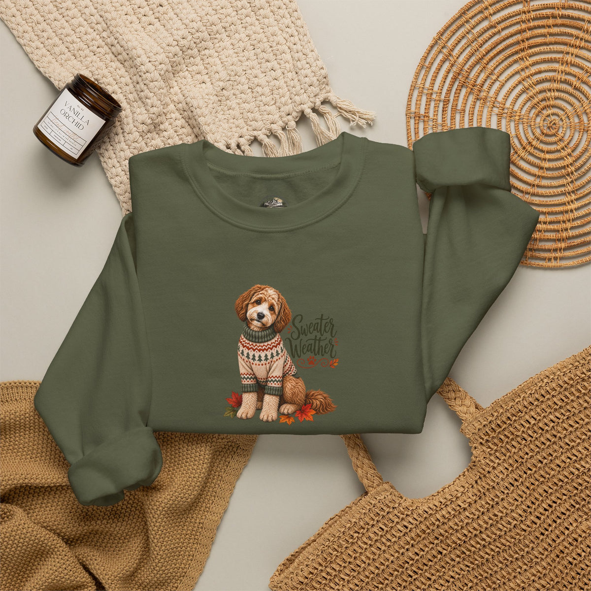 Dog in Sweater Crewneck Sweatshirt — "Sweater Weather" Cozy Fall Pullover