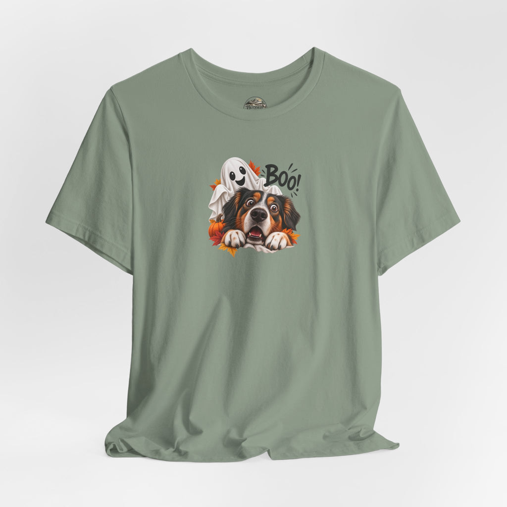Halloween Dog Tee — "Boo!" Ghost Bernese Mountain Puppy T-Shirt