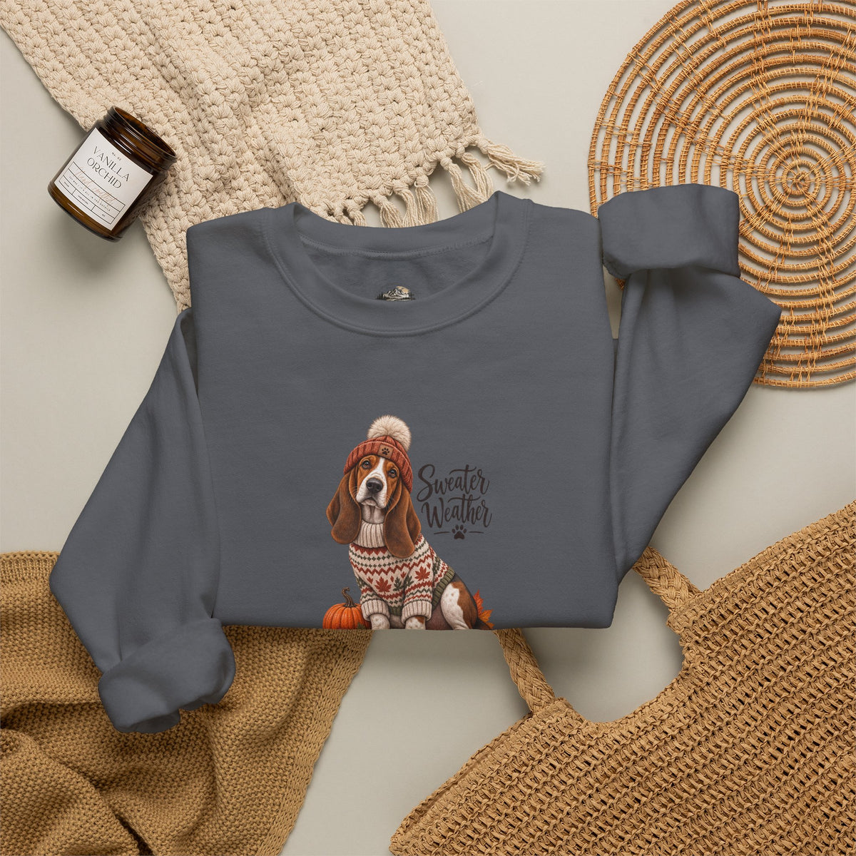 Basset Hound Fall Sweatshirt – 'Sweater Weather' Cozy Autumn Crewneck