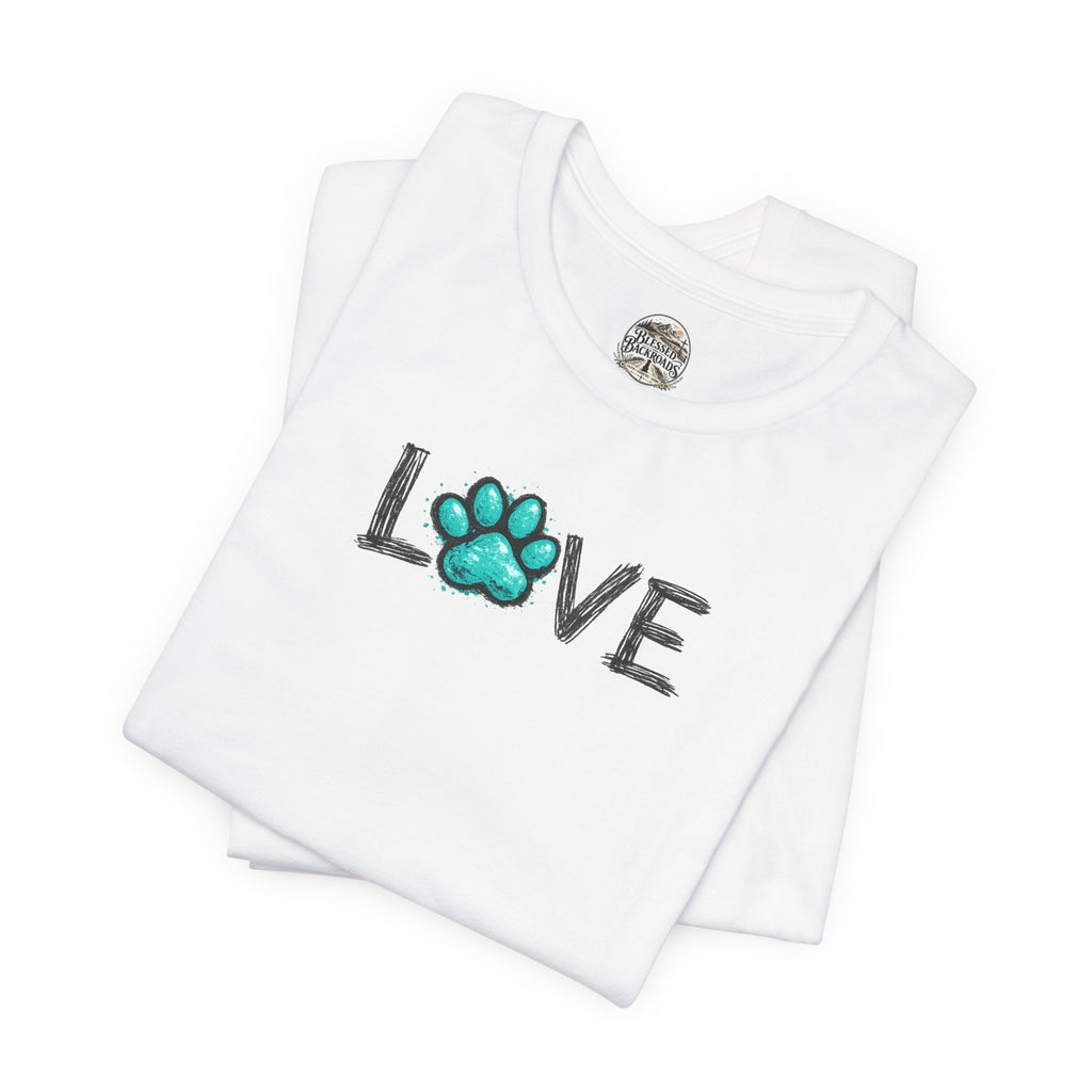 Love Paw Print T-Shirt — Teal Paw "LOVE" Graphic Tee for Dog Lovers