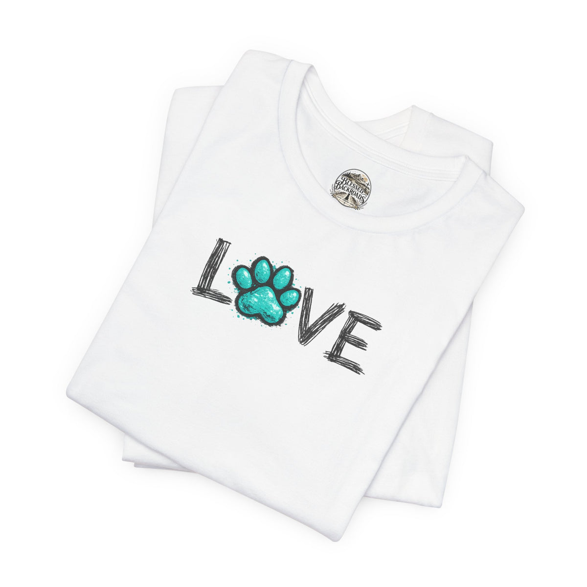 Love Paw Print T-Shirt — Teal Paw "LOVE" Graphic Tee for Dog Lovers