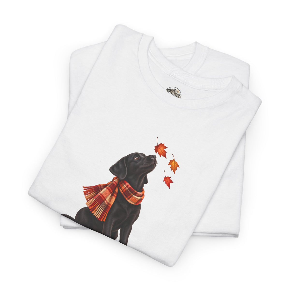 Autumn Black Lab Tee — Scarf-Wearing Labrador with Falling Leaves