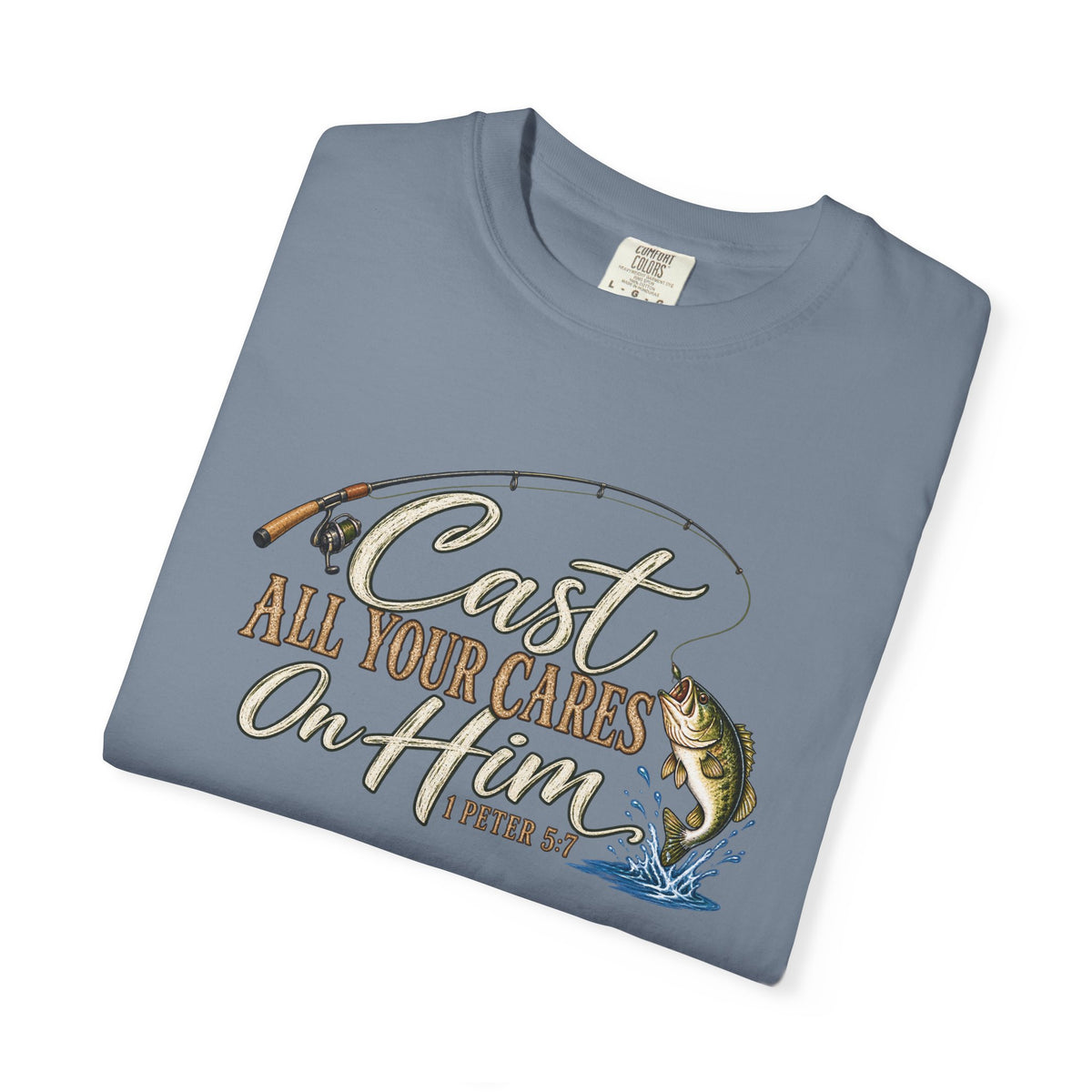 Fishing T-Shirt — “Cast All Your Cares On the Lord” Bass Graphic Tee