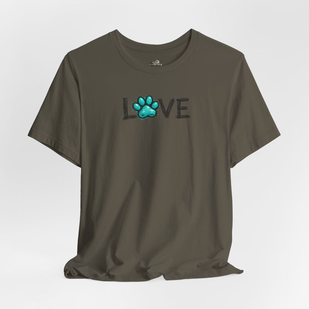 Love Paw Print T-Shirt — Teal Paw "LOVE" Graphic Tee for Dog Lovers