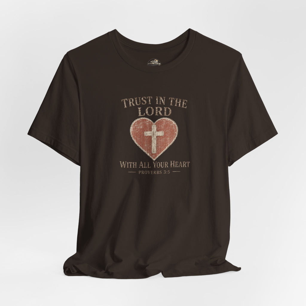 Trust in the Lord Tee — Heart & Cross Proverbs 3:5 Christian T‑Shirt