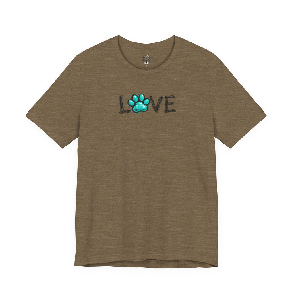 Love Paw Print T-Shirt — Teal Paw "LOVE" Graphic Tee for Dog Lovers