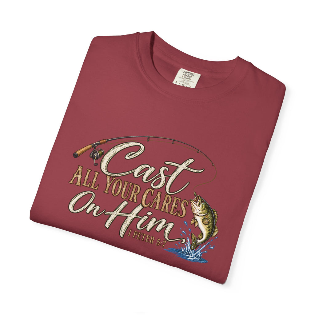 Fishing T-Shirt — “Cast All Your Cares On the Lord” Bass Graphic Tee