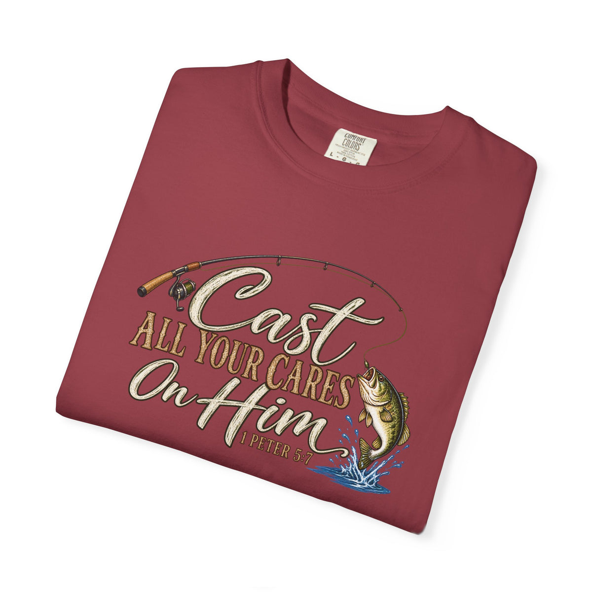 Fishing T-Shirt — “Cast All Your Cares On the Lord” Bass Graphic Tee