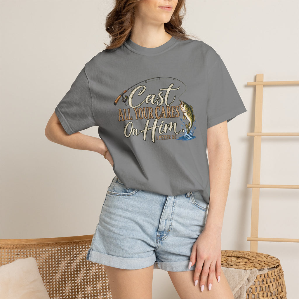 Fishing T-Shirt — “Cast All Your Cares On the Lord” Bass Graphic Tee