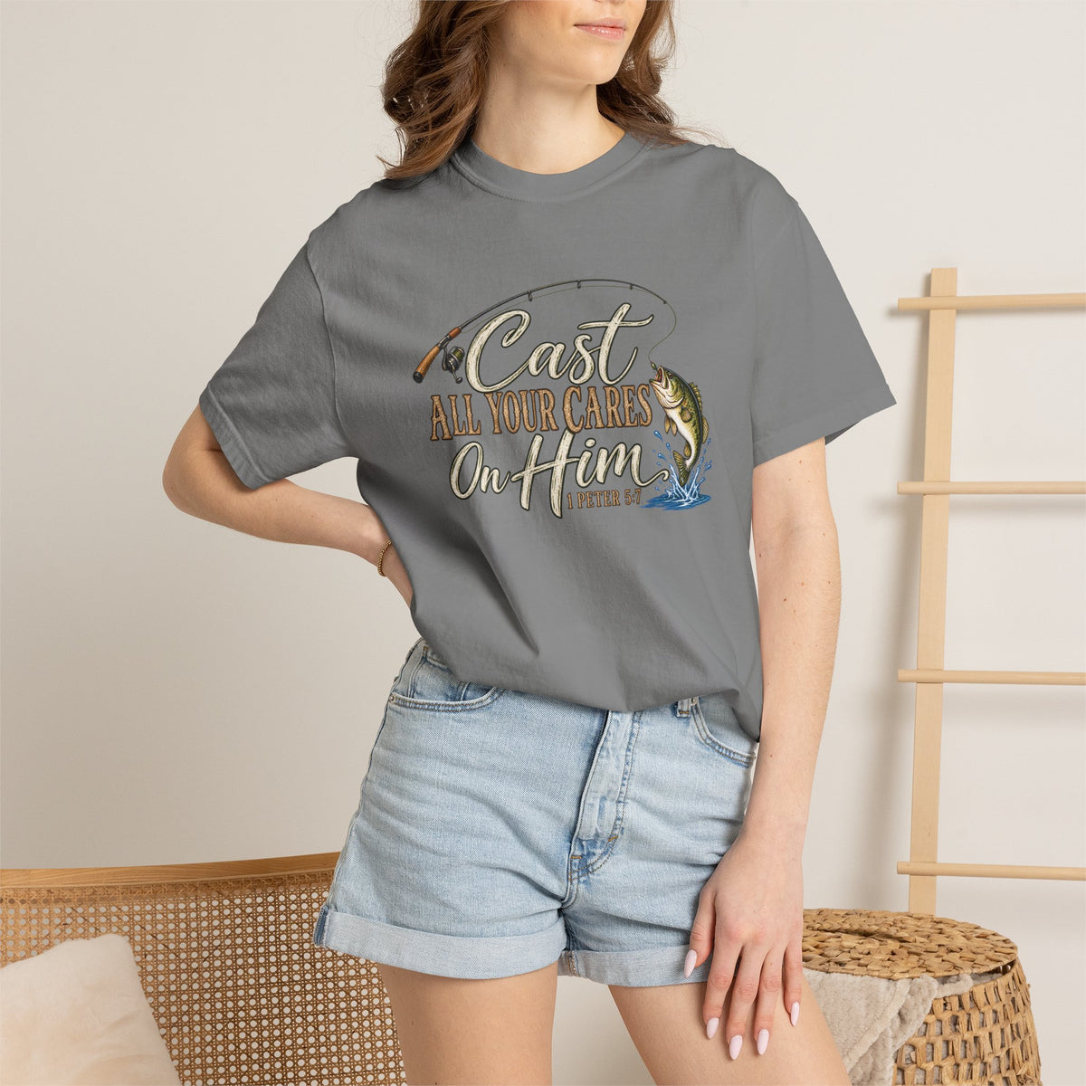 Fishing T-Shirt — “Cast All Your Cares On the Lord” Bass Graphic Tee