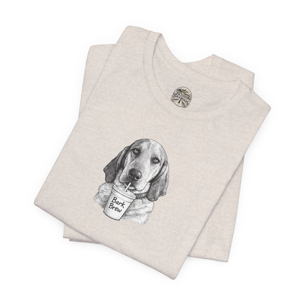 Dog Lover T‑Shirt —Hound Drinking 'Bark Brew' Graphic Tee