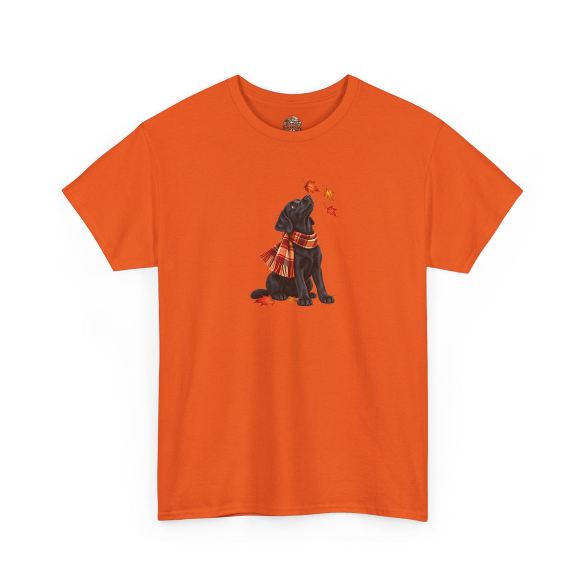 Autumn Black Lab Tee — Scarf-Wearing Labrador with Falling Leaves