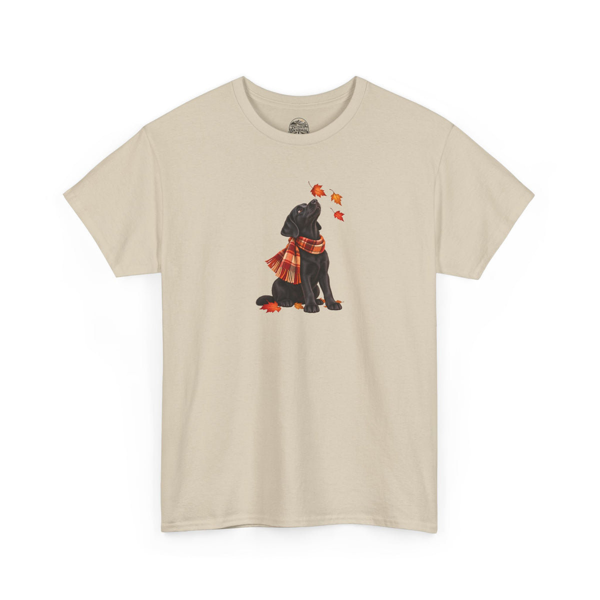 Autumn Black Lab Tee — Scarf-Wearing Labrador with Falling Leaves