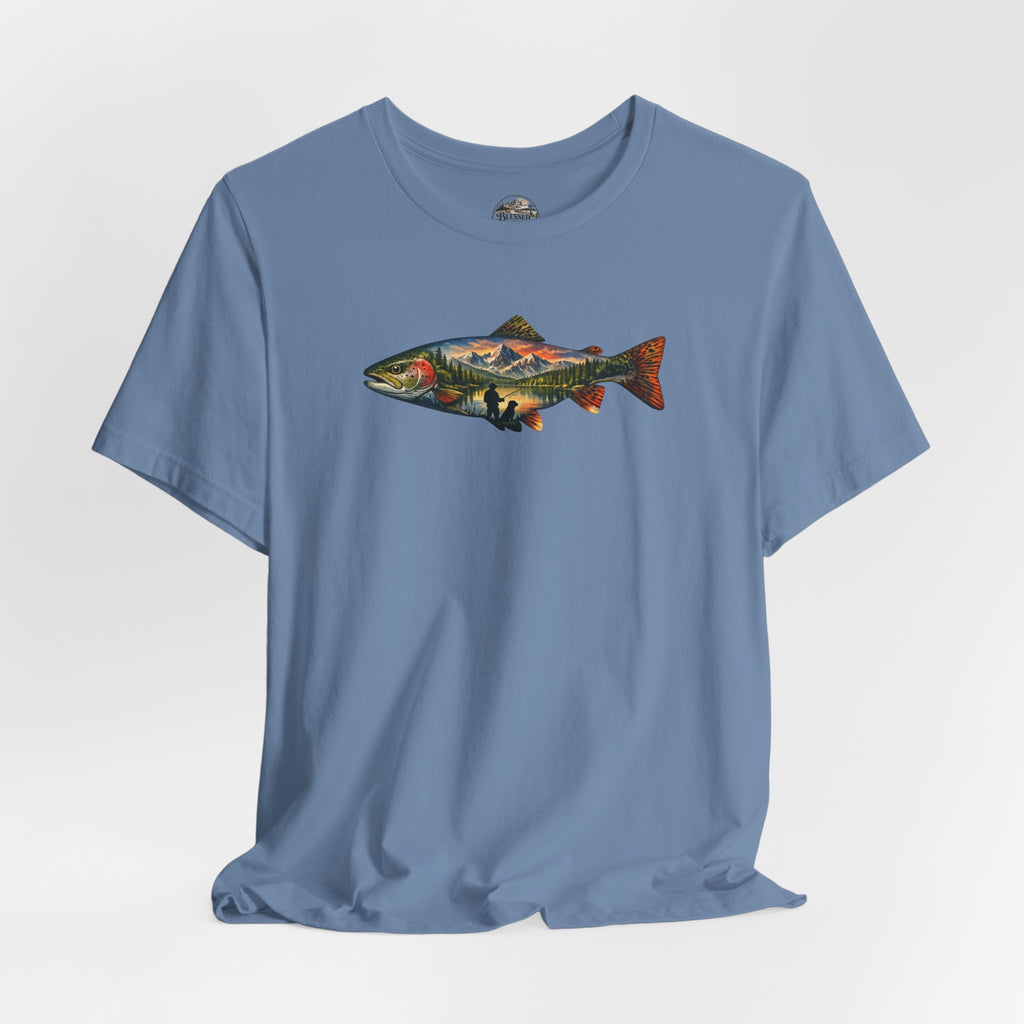 Trout Landscape Graphic Tee — Nature Fisherman T-Shirt