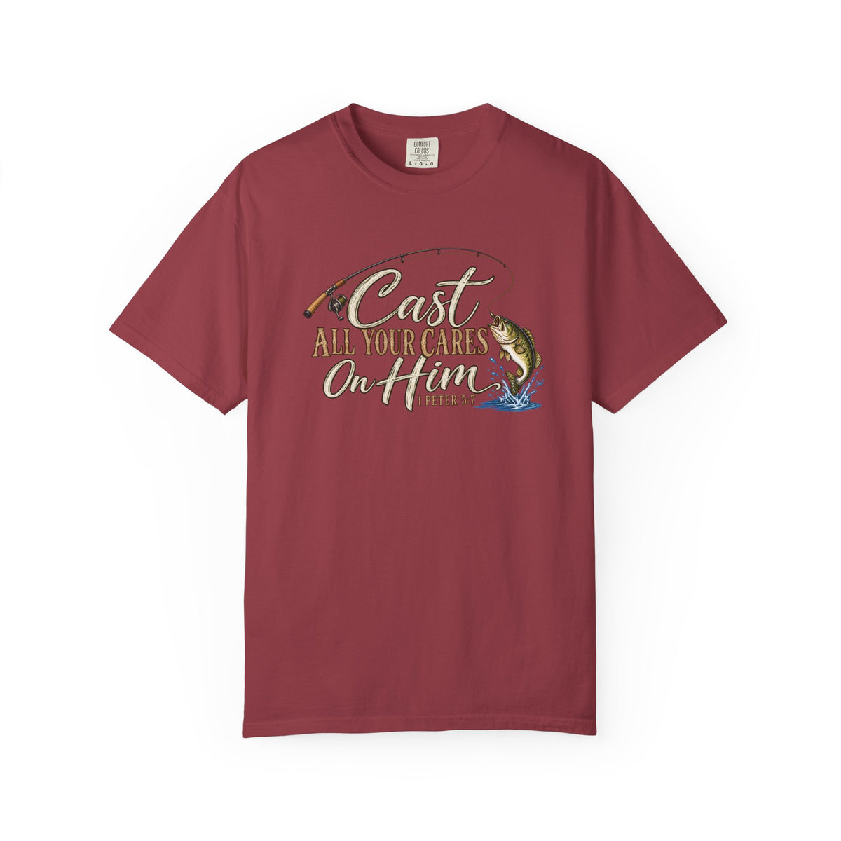 Fishing T-Shirt — “Cast All Your Cares On the Lord” Bass Graphic Tee