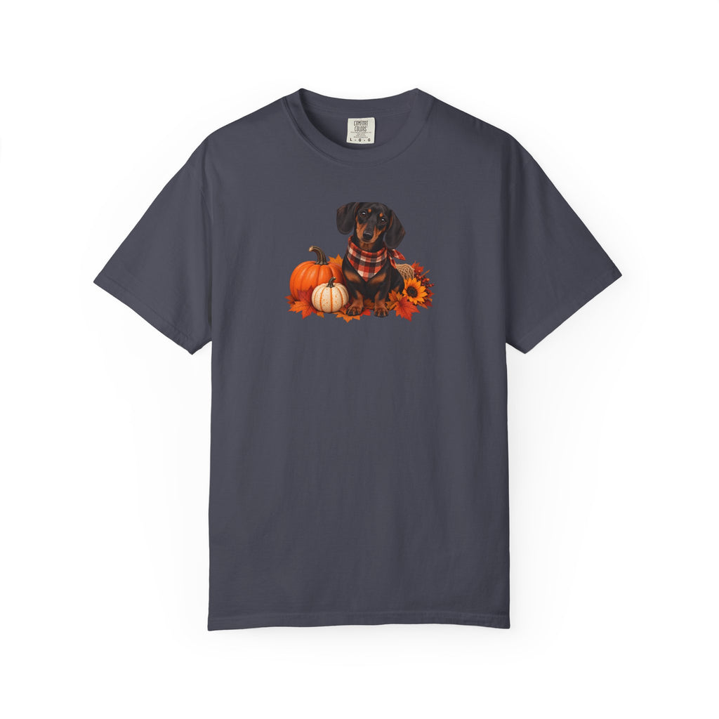 Dachshund Pumpkin Tee — Fall Dog Shirt with Pumpkins & Sunflower