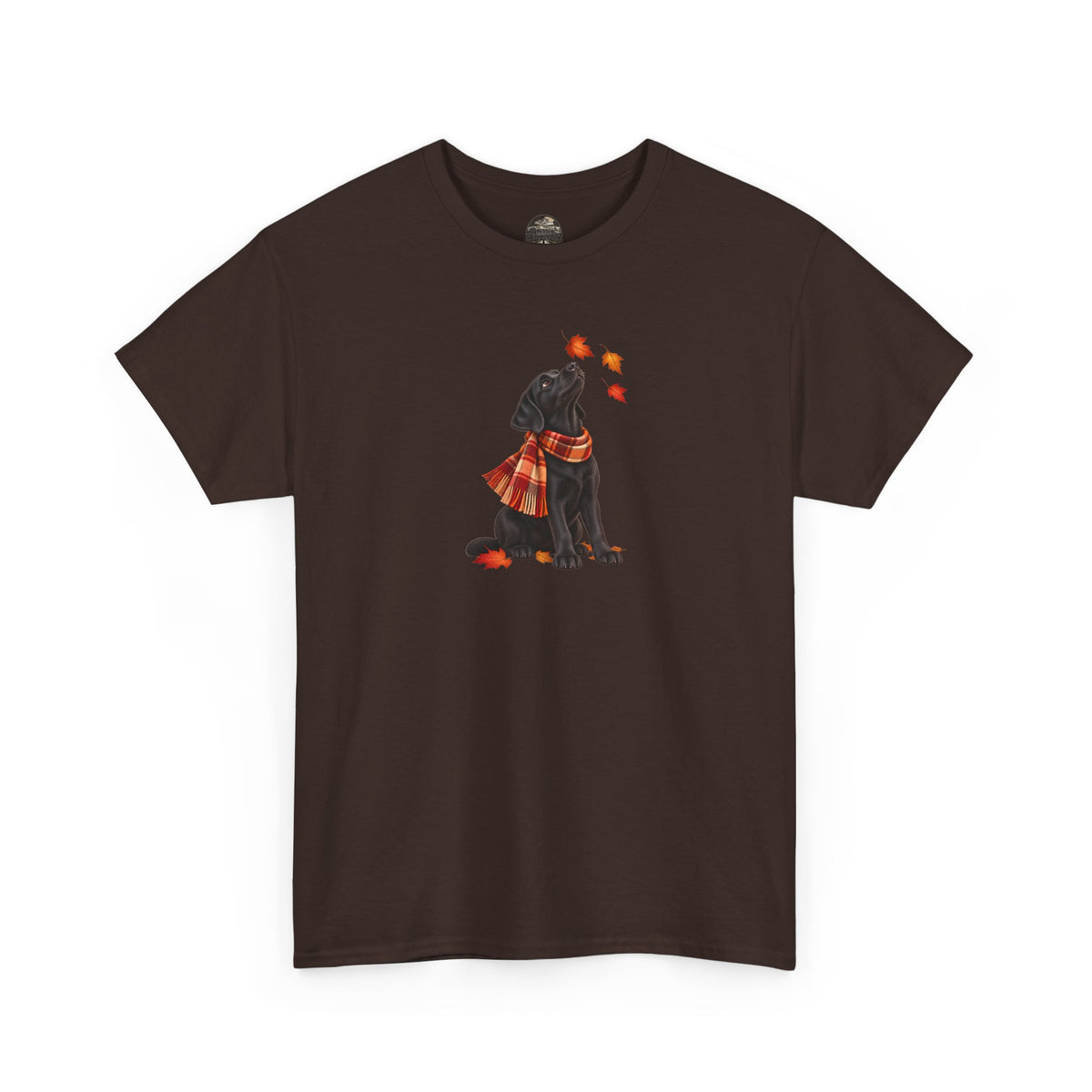Autumn Black Lab Tee — Scarf-Wearing Labrador with Falling Leaves