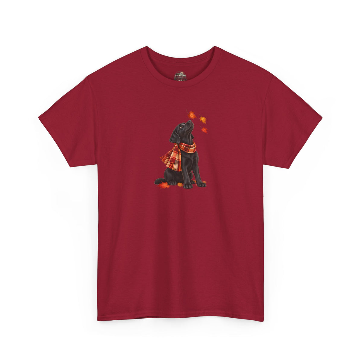 Autumn Black Lab Tee — Scarf-Wearing Labrador with Falling Leaves
