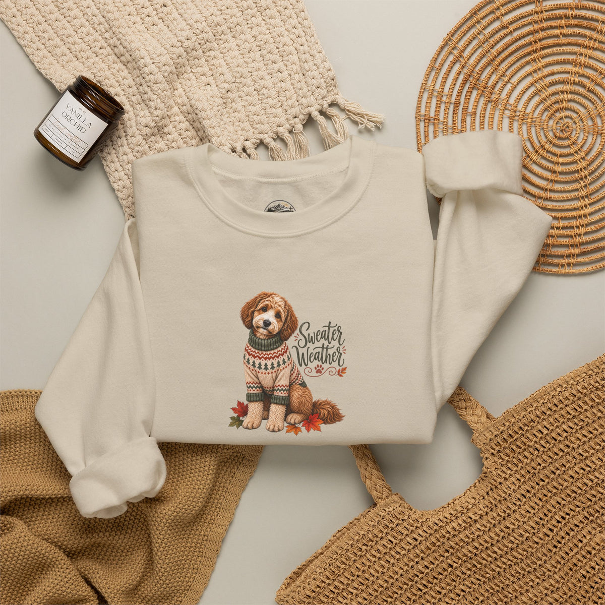 Dog in Sweater Crewneck Sweatshirt — "Sweater Weather" Cozy Fall Pullover