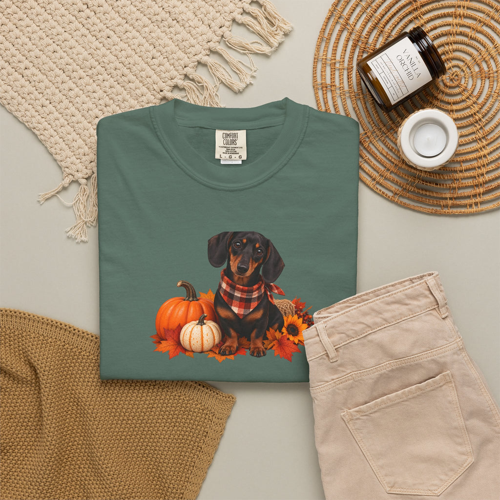 Dachshund Pumpkin Tee — Fall Dog Shirt with Pumpkins & Sunflower