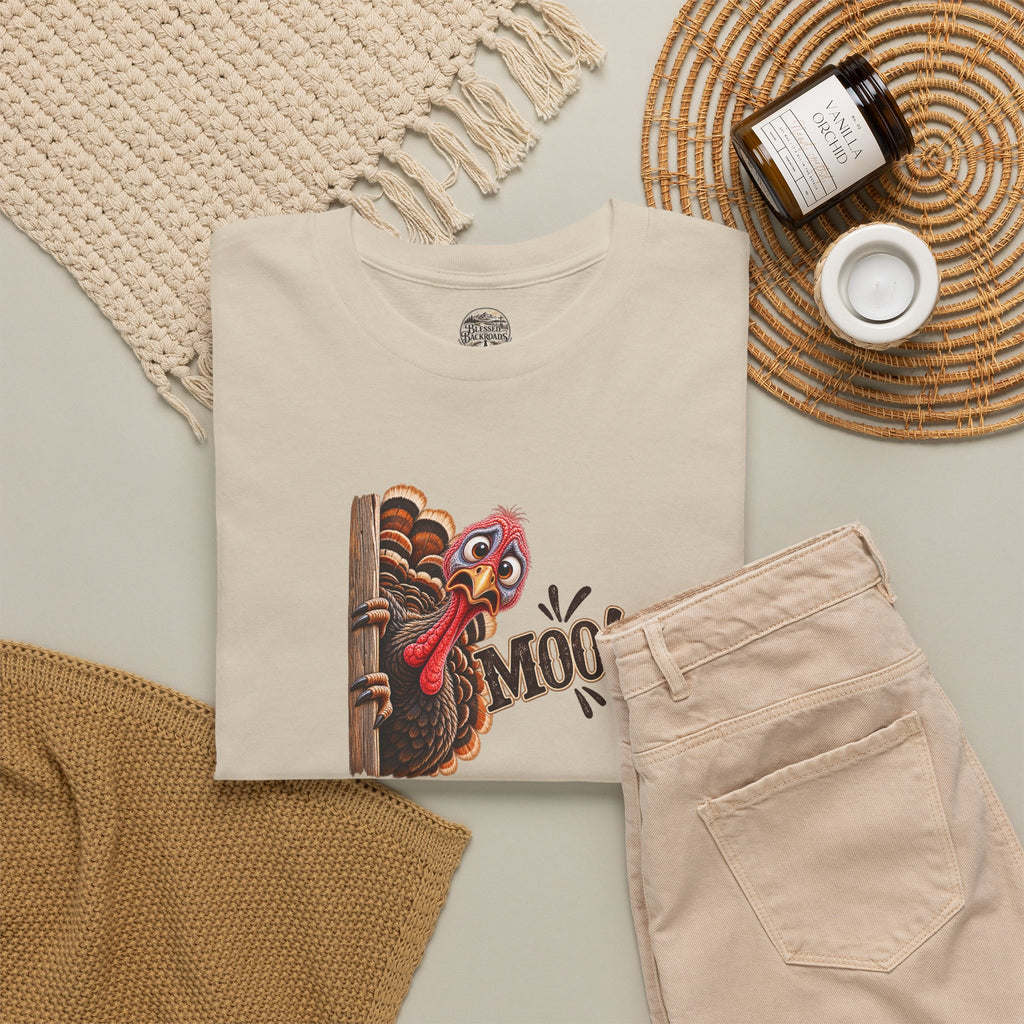 Turkey Peeking 'Moo!' Tee — Funny Thanksgiving Turkey T-Shirt