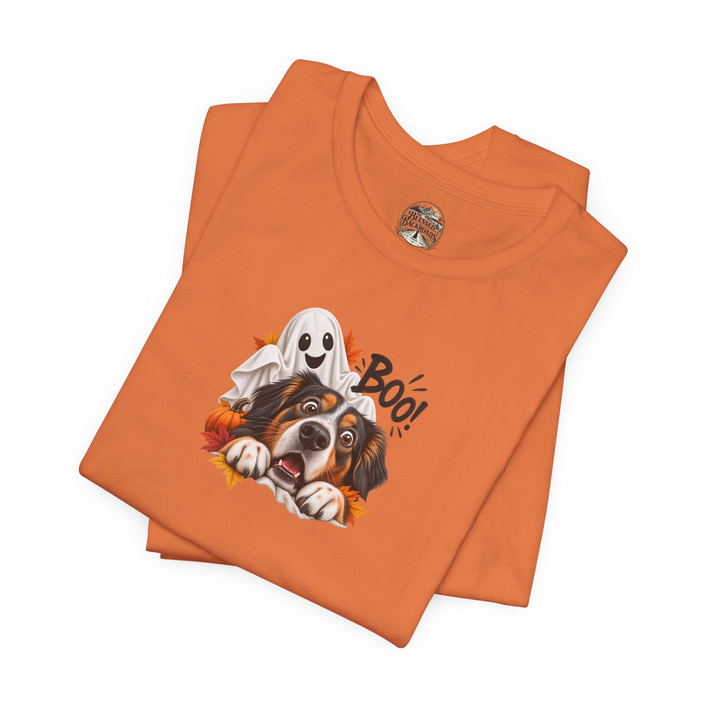 Halloween Dog Tee — "Boo!" Ghost Bernese Mountain Puppy T-Shirt