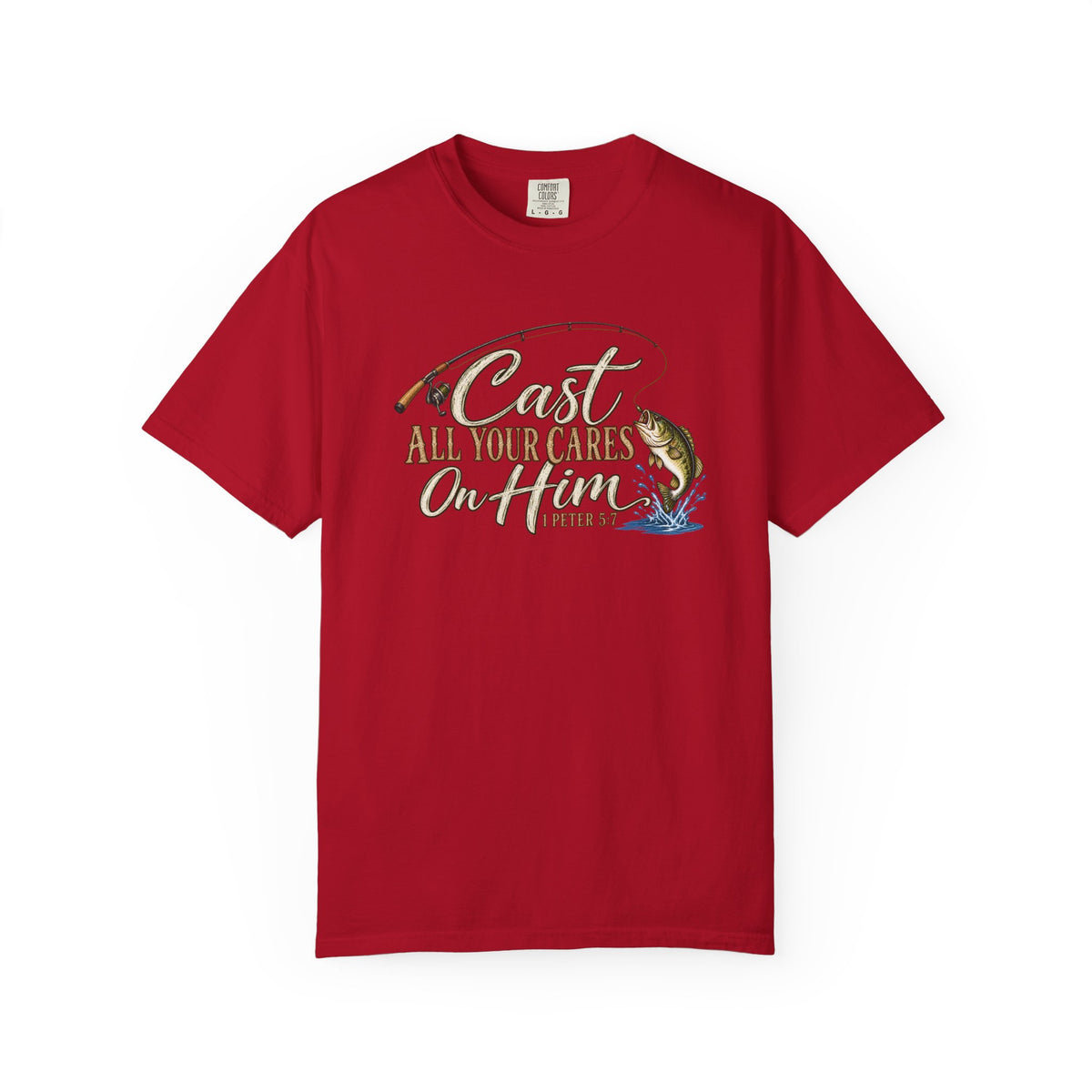 Fishing T-Shirt — “Cast All Your Cares On the Lord” Bass Graphic Tee