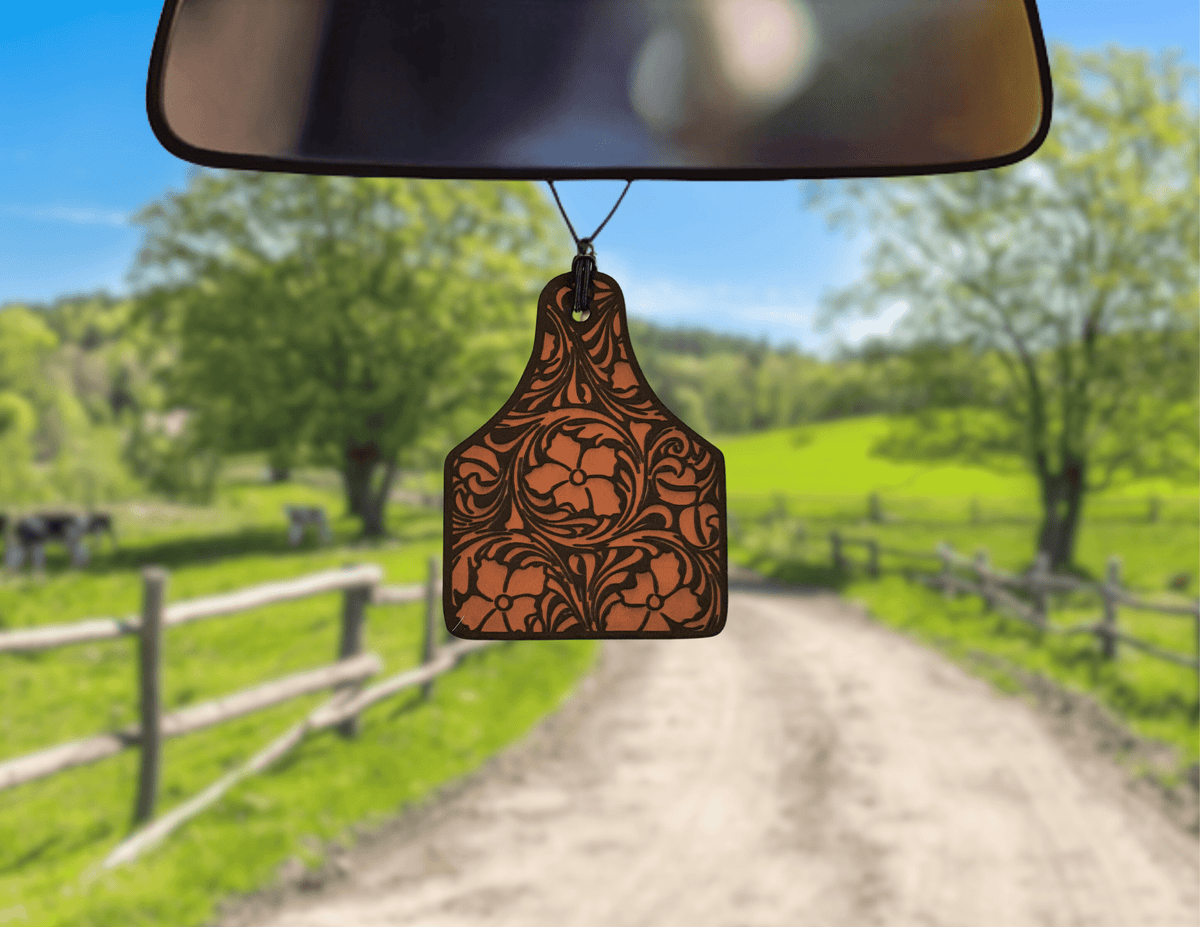 Ear Tag w/Scroll Leather Car Freshener